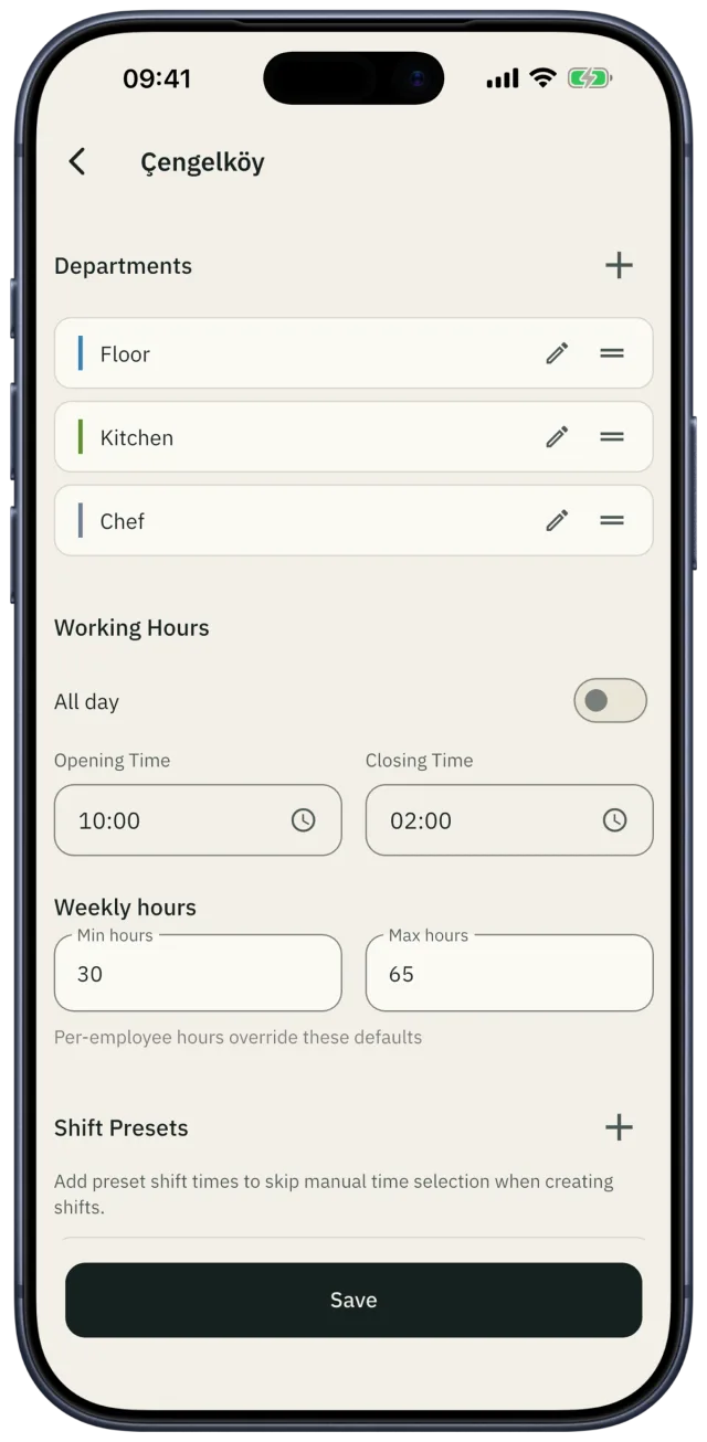 Branch settings: departments, opening hours and weekly hour limits