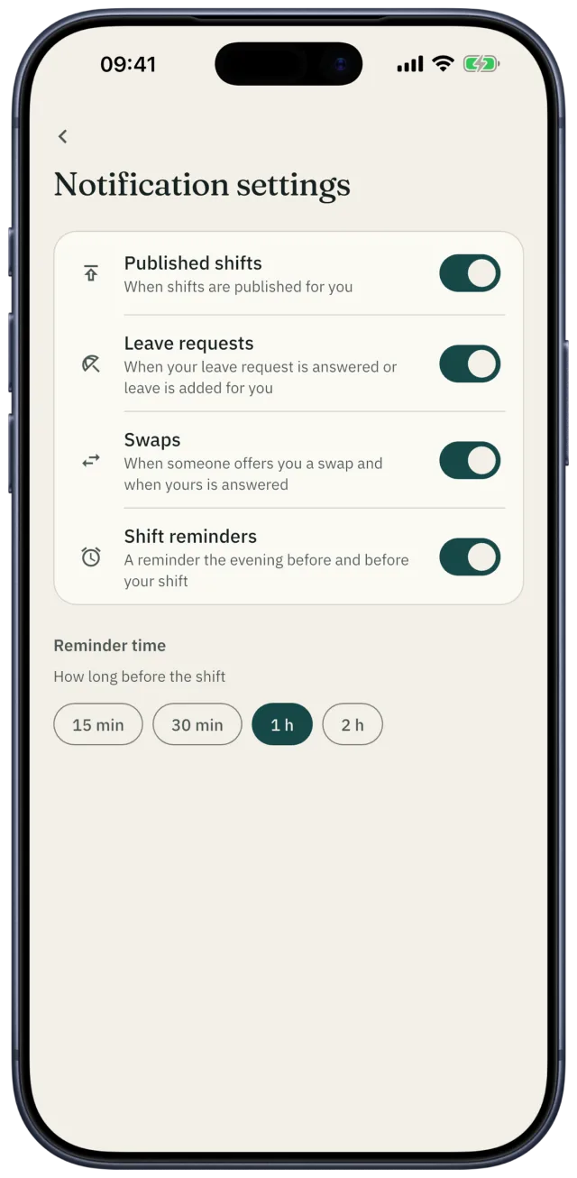 Notification settings: published shifts, leave, swaps and the shift reminder time